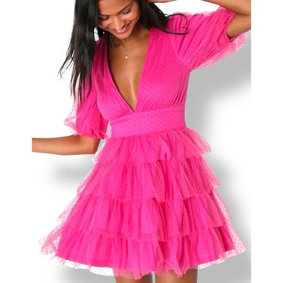 Lulus Dresses & Skirts - Lulus Hot Pink Tulle Tiered Puff Sleeve Mini Dress Womens Size M NWT 80s Madonna